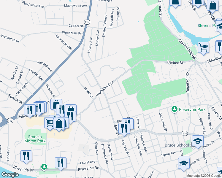 map of restaurants, bars, coffee shops, grocery stores, and more near 1 Rambler Road in Methuen
