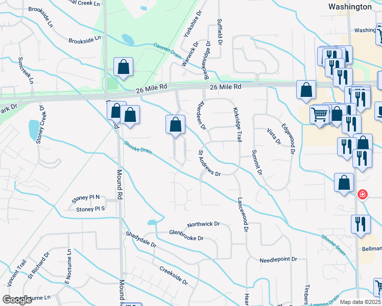 map of restaurants, bars, coffee shops, grocery stores, and more near 56496 Chesapeake Trail in Macomb County