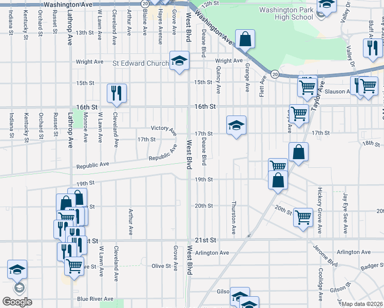 map of restaurants, bars, coffee shops, grocery stores, and more near 1745 West Boulevard in Racine
