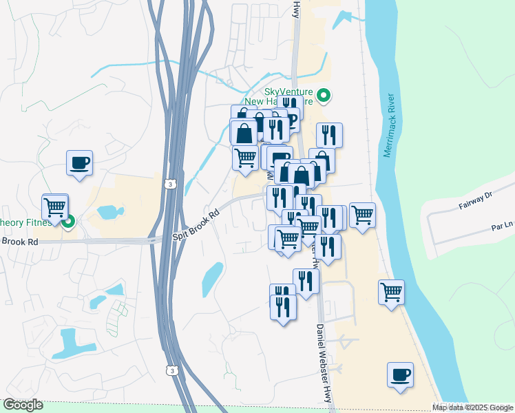 map of restaurants, bars, coffee shops, grocery stores, and more near 33 Spit Brook Road in Nashua