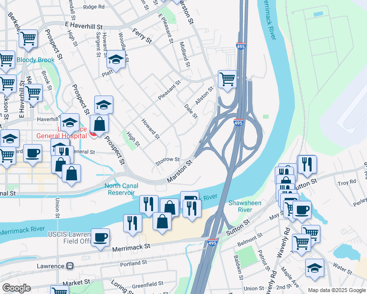 map of restaurants, bars, coffee shops, grocery stores, and more near 3 Woodland Street in Lawrence