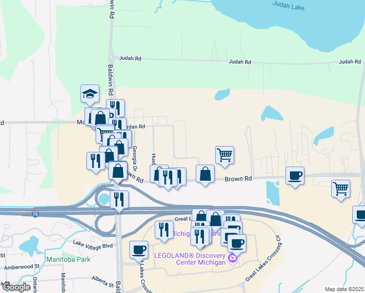 map of restaurants, bars, coffee shops, grocery stores, and more near 4854 Broomfield Way in Orion charter Township
