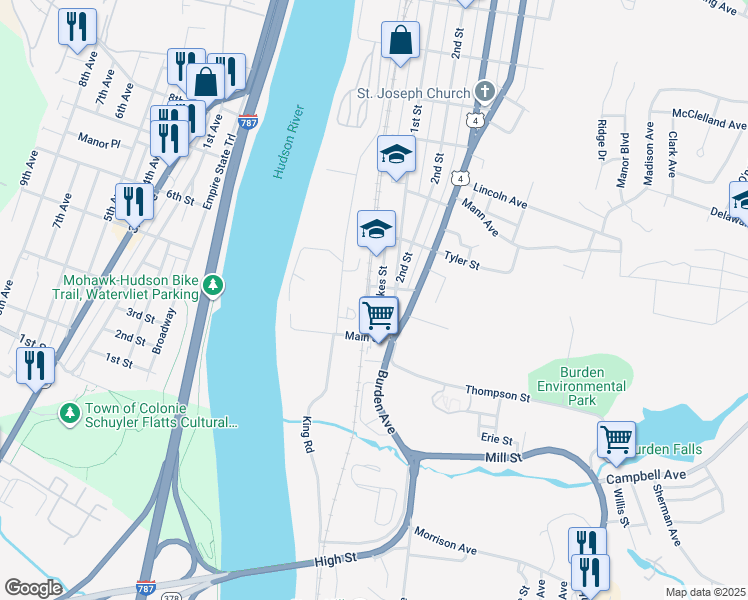 map of restaurants, bars, coffee shops, grocery stores, and more near 27 South River Street in Troy