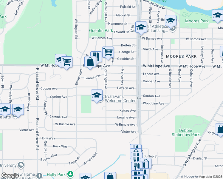 map of restaurants, bars, coffee shops, grocery stores, and more near 1411 Poxson Avenue in Lansing