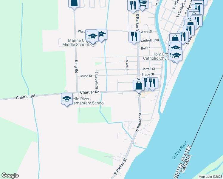 map of restaurants, bars, coffee shops, grocery stores, and more near 914 Chartier Road in Marine City