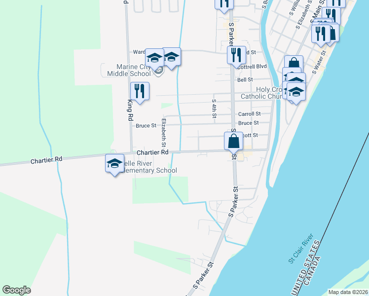 map of restaurants, bars, coffee shops, grocery stores, and more near 914 Chartier Road in Marine City