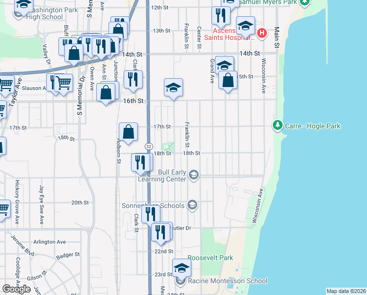 map of restaurants, bars, coffee shops, grocery stores, and more near 1744 Franklin Street in Racine