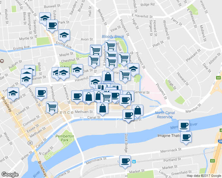 map of restaurants, bars, coffee shops, grocery stores, and more near 49 Newbury Street in Lawrence