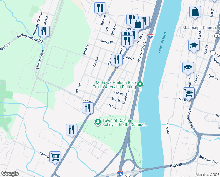 map of restaurants, bars, coffee shops, grocery stores, and more near 382-386 3rd Avenue in Watervliet