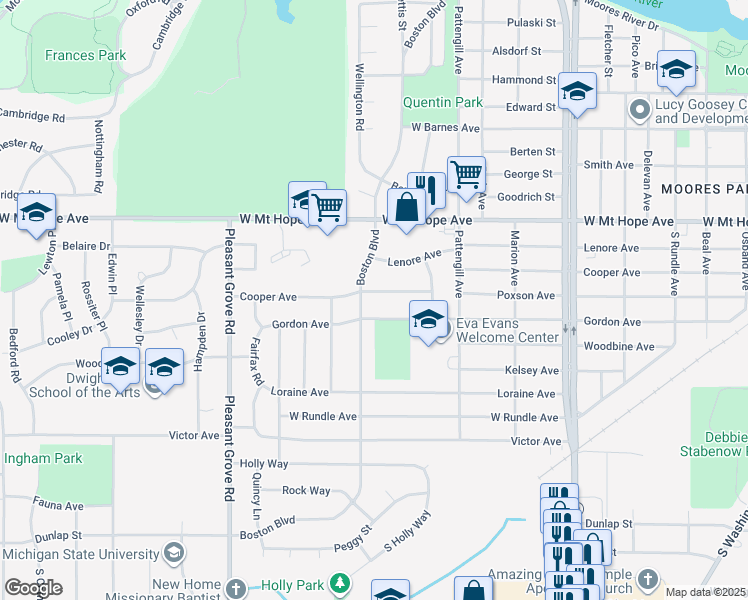 map of restaurants, bars, coffee shops, grocery stores, and more near 1721 Cooper Avenue in Lansing