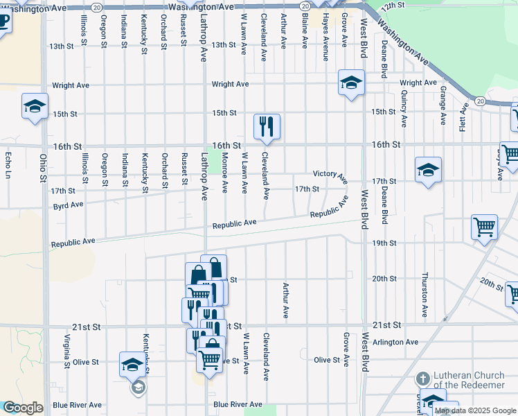 map of restaurants, bars, coffee shops, grocery stores, and more near 1725 Cleveland Avenue in Racine