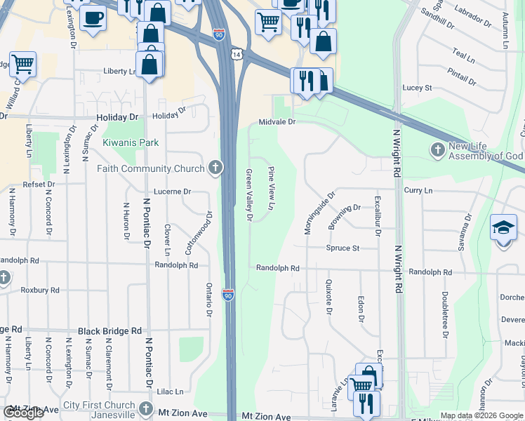 map of restaurants, bars, coffee shops, grocery stores, and more near 2232 Pine View Lane in Janesville