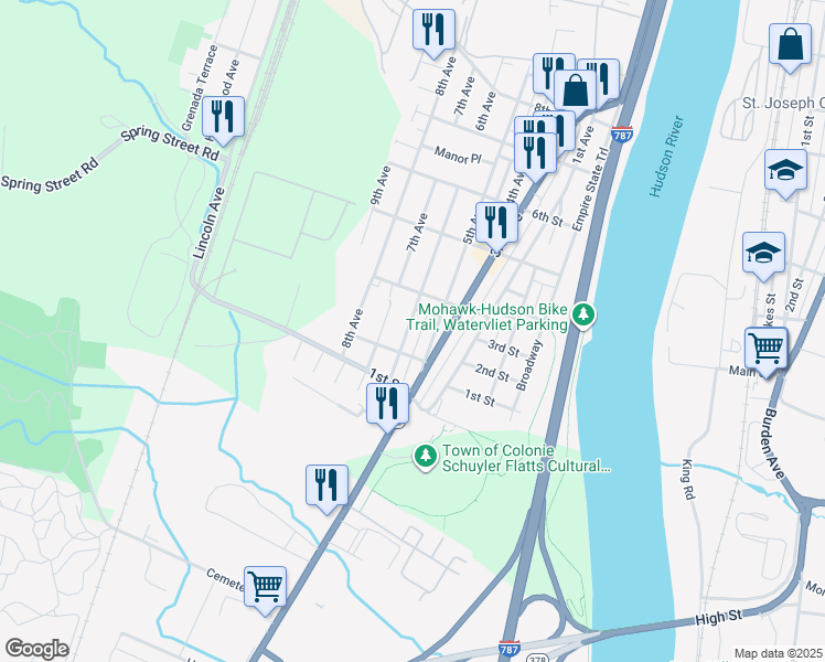 map of restaurants, bars, coffee shops, grocery stores, and more near 214 6th Avenue in Watervliet