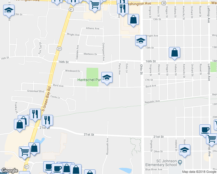 map of restaurants, bars, coffee shops, grocery stores, and more near 5120 Byrd Avenue in Racine