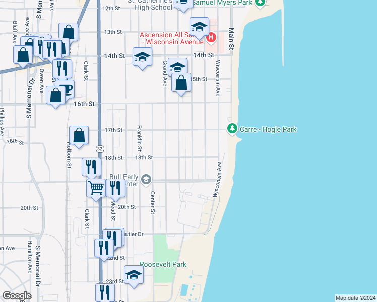 map of restaurants, bars, coffee shops, grocery stores, and more near 1744 Park Avenue in Racine
