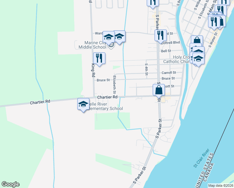 map of restaurants, bars, coffee shops, grocery stores, and more near 988 Chartier Road in Marine City