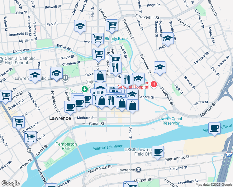 map of restaurants, bars, coffee shops, grocery stores, and more near 49 Newbury Street in Lawrence