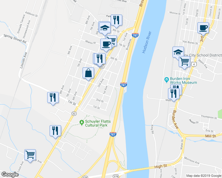 map of restaurants, bars, coffee shops, grocery stores, and more near 329 Broadway in Watervliet