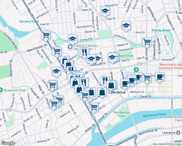 map of restaurants, bars, coffee shops, grocery stores, and more near 190 Hampshire Street in Lawrence