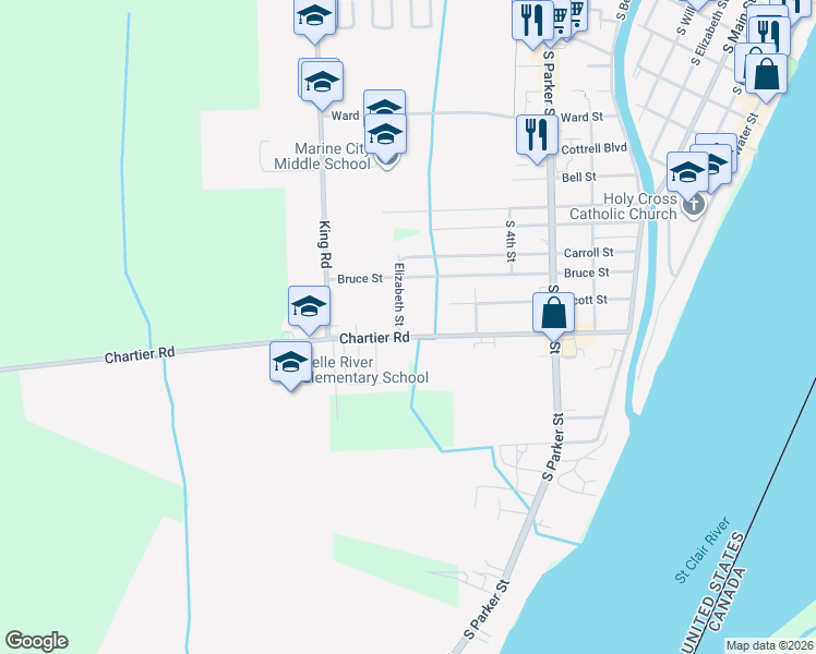 map of restaurants, bars, coffee shops, grocery stores, and more near 988 Chartier Road in Marine City