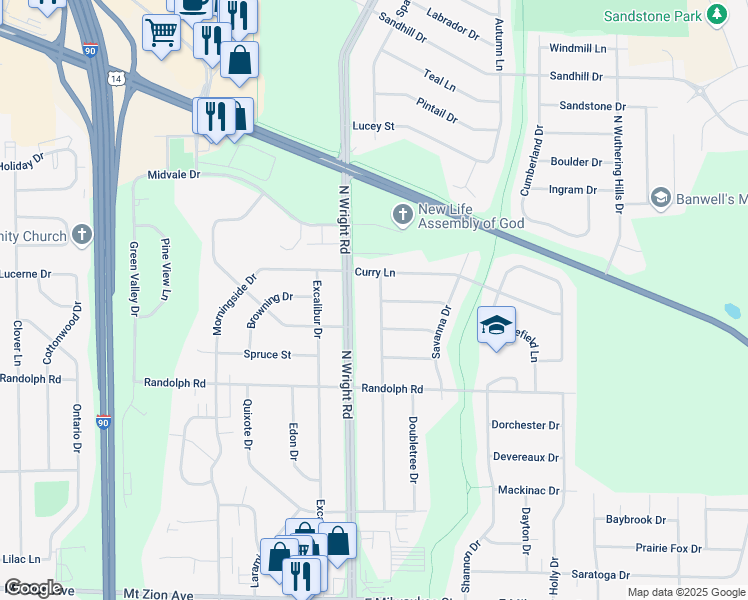 map of restaurants, bars, coffee shops, grocery stores, and more near 2227 Meadowlark Drive in Janesville