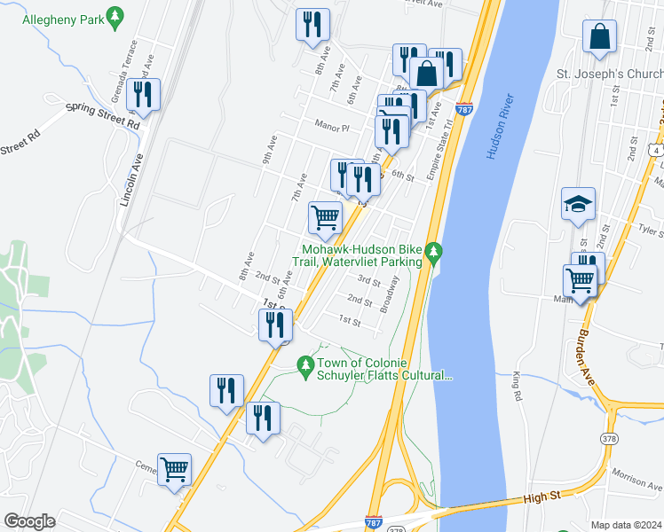 map of restaurants, bars, coffee shops, grocery stores, and more near 382-386 3rd Avenue in Watervliet