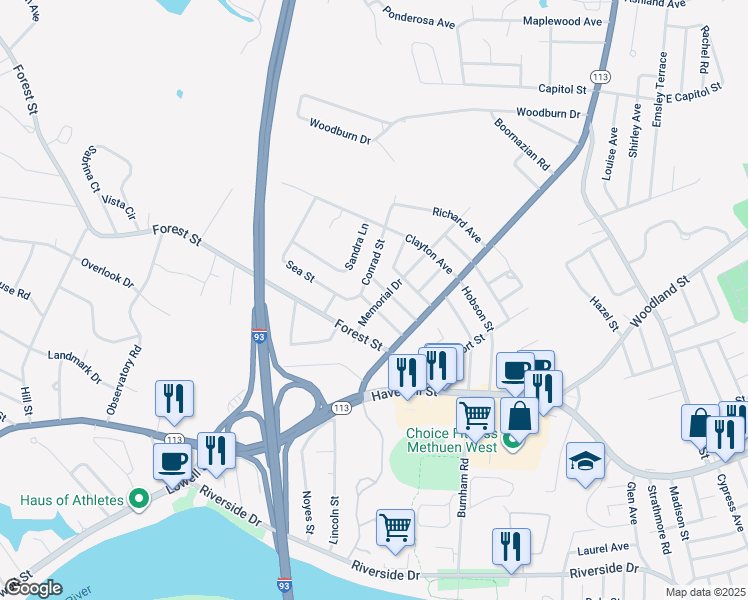 map of restaurants, bars, coffee shops, grocery stores, and more near 9 Church Street in Methuen
