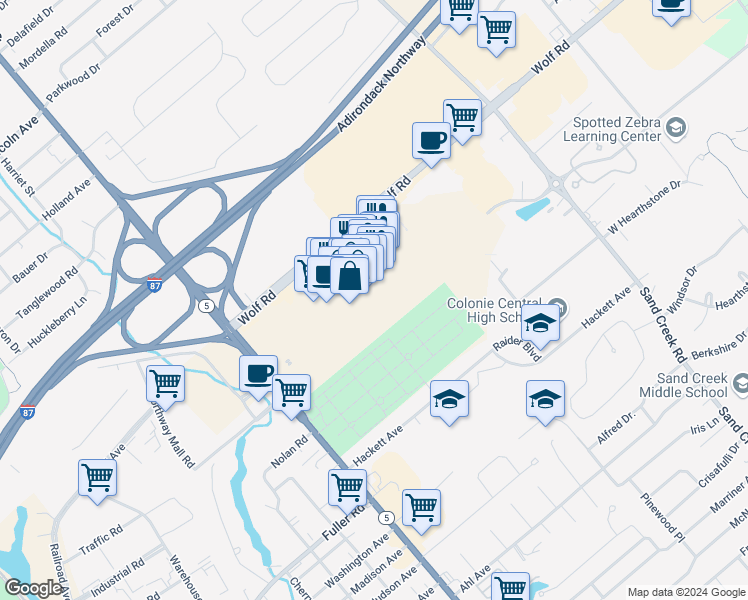 map of restaurants, bars, coffee shops, grocery stores, and more near 1425 Central Avenue in Albany