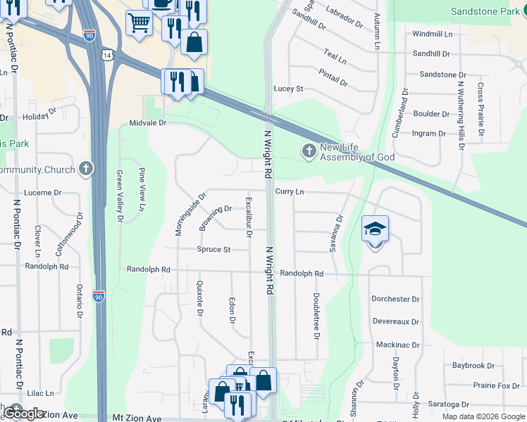 map of restaurants, bars, coffee shops, grocery stores, and more near 2225 North Wright Road in Janesville