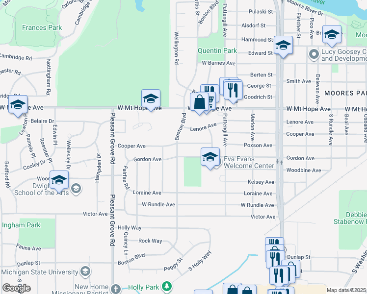 map of restaurants, bars, coffee shops, grocery stores, and more near 1721 Cooper Avenue in Lansing