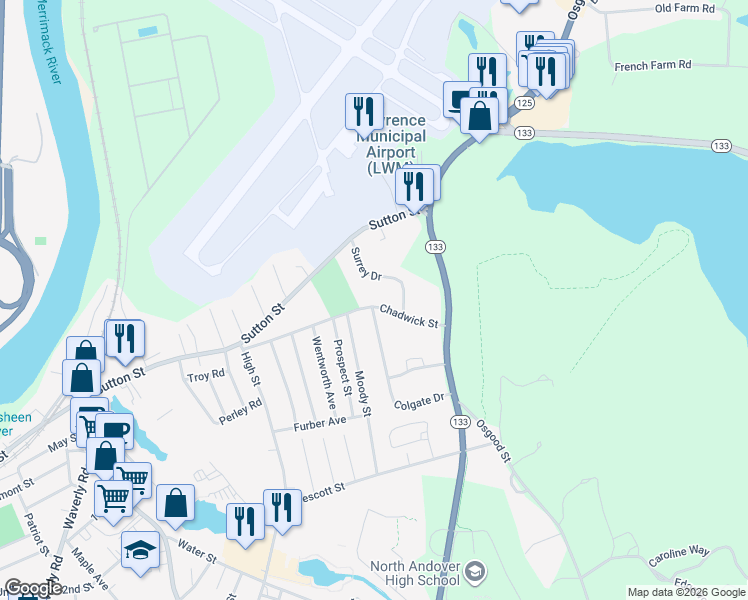 map of restaurants, bars, coffee shops, grocery stores, and more near 122 Chadwick Street in North Andover