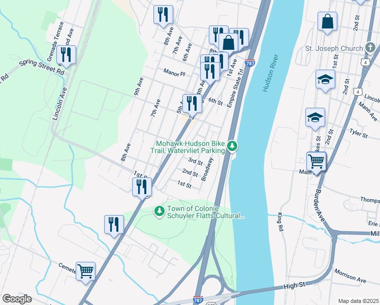 map of restaurants, bars, coffee shops, grocery stores, and more near 318 2nd Avenue in Watervliet