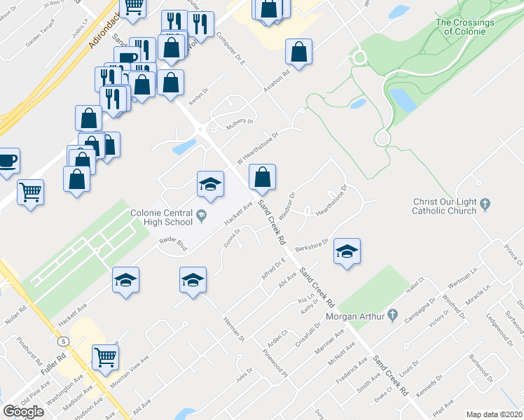 map of restaurants, bars, coffee shops, grocery stores, and more near 374 Sand Creek Road in Albany