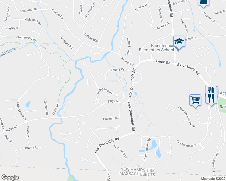 map of restaurants, bars, coffee shops, grocery stores, and more near 69 Cadogan Way in Nashua