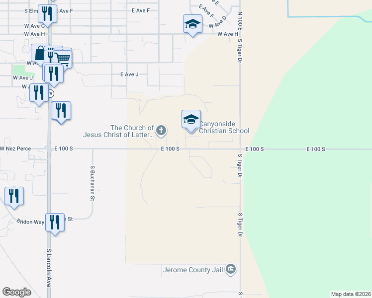 map of restaurants, bars, coffee shops, grocery stores, and more near 73 East 100 South in Jerome