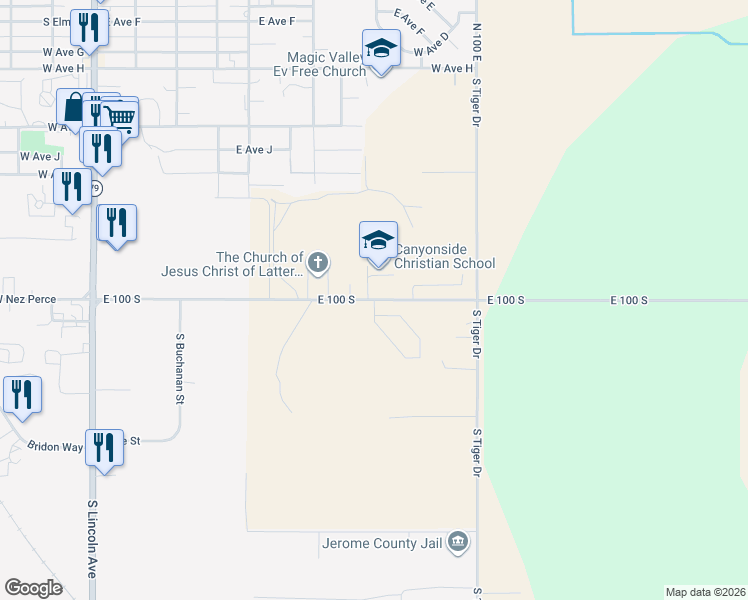 map of restaurants, bars, coffee shops, grocery stores, and more near 72 East 100 South in Jerome