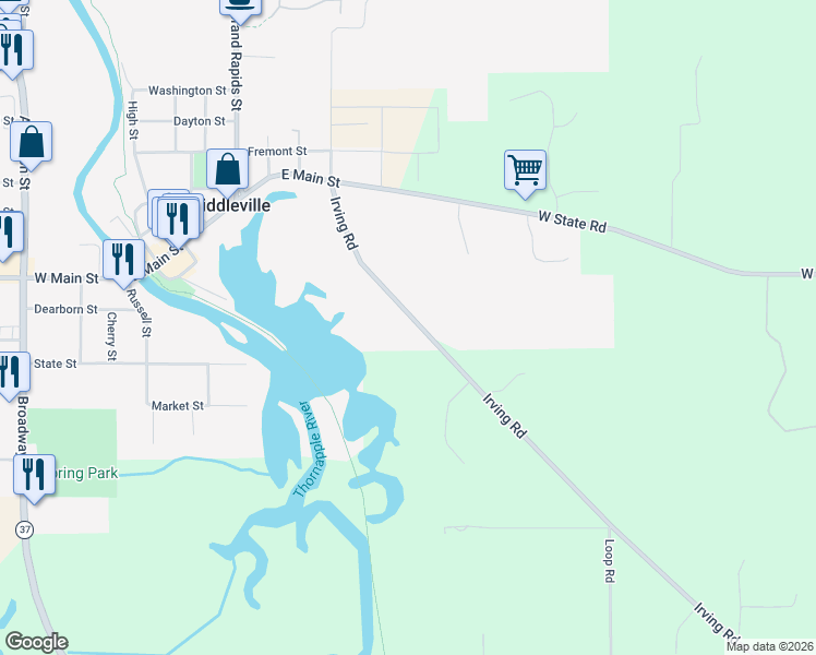 map of restaurants, bars, coffee shops, grocery stores, and more near 217 Irving Road in Middleville