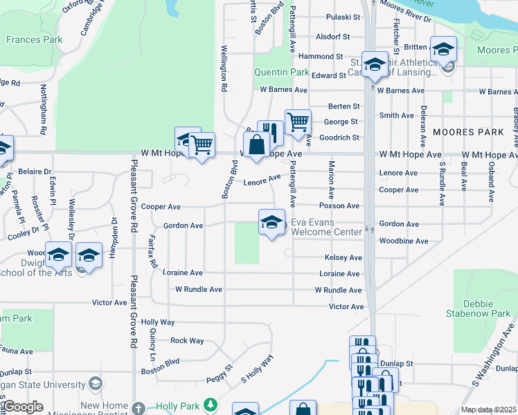 map of restaurants, bars, coffee shops, grocery stores, and more near 1621 Cooper Avenue in Lansing