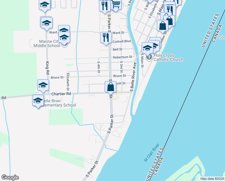map of restaurants, bars, coffee shops, grocery stores, and more near 1119 South Parker Street in Marine City