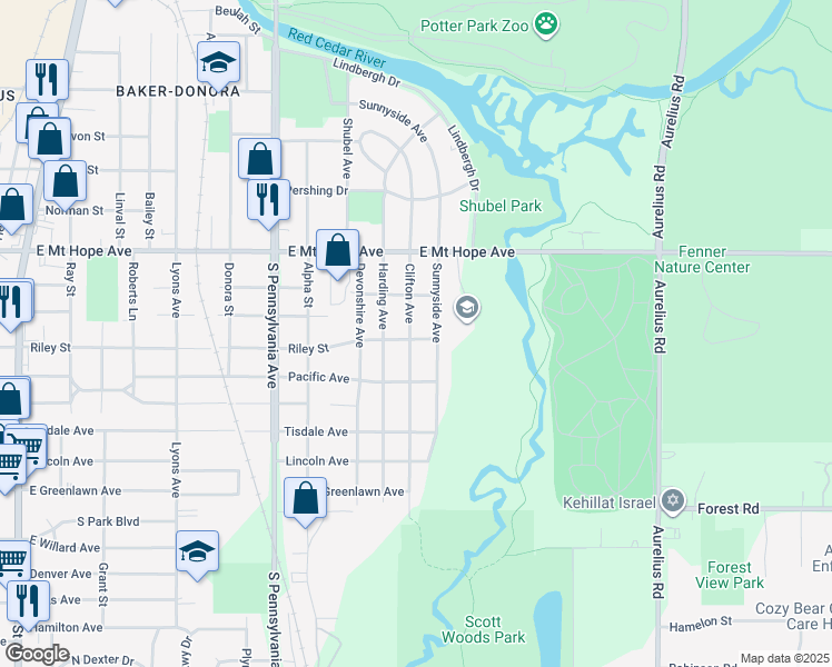 map of restaurants, bars, coffee shops, grocery stores, and more near 2033 Clifton Avenue in Lansing