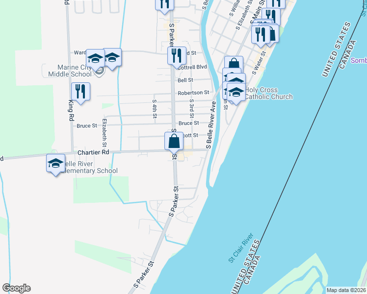 map of restaurants, bars, coffee shops, grocery stores, and more near 1119 South Parker Street in Marine City