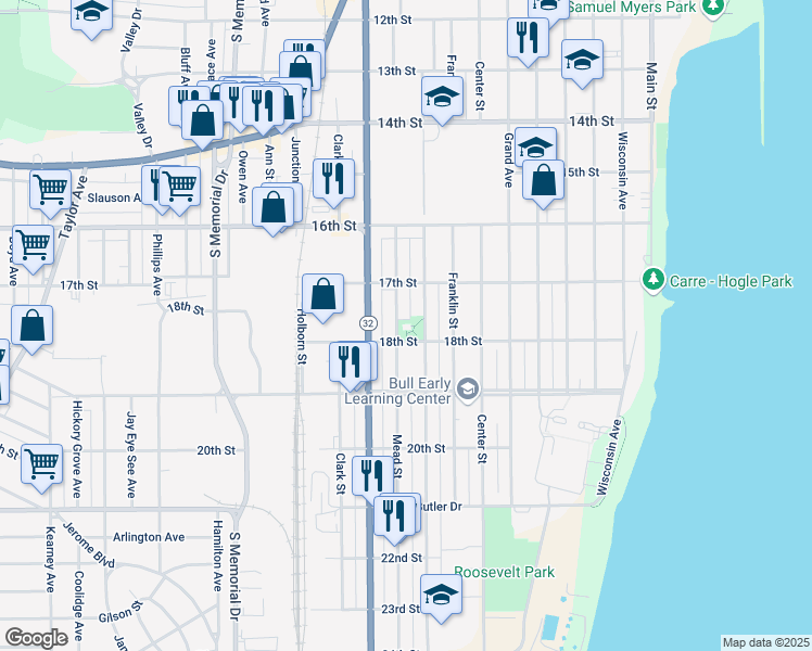 map of restaurants, bars, coffee shops, grocery stores, and more near 1733 Mead Street in Racine