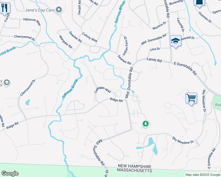map of restaurants, bars, coffee shops, grocery stores, and more near 42 Cadogan Way in Nashua