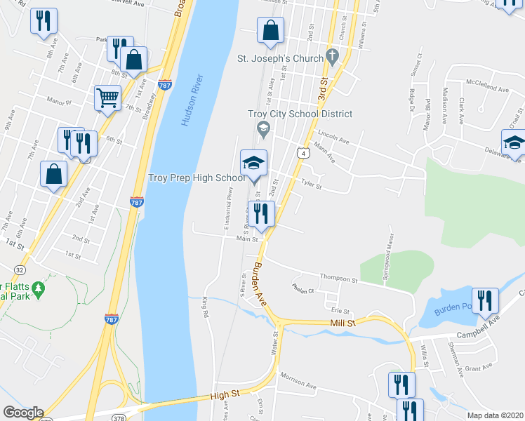 map of restaurants, bars, coffee shops, grocery stores, and more near 27 South River Street in Troy