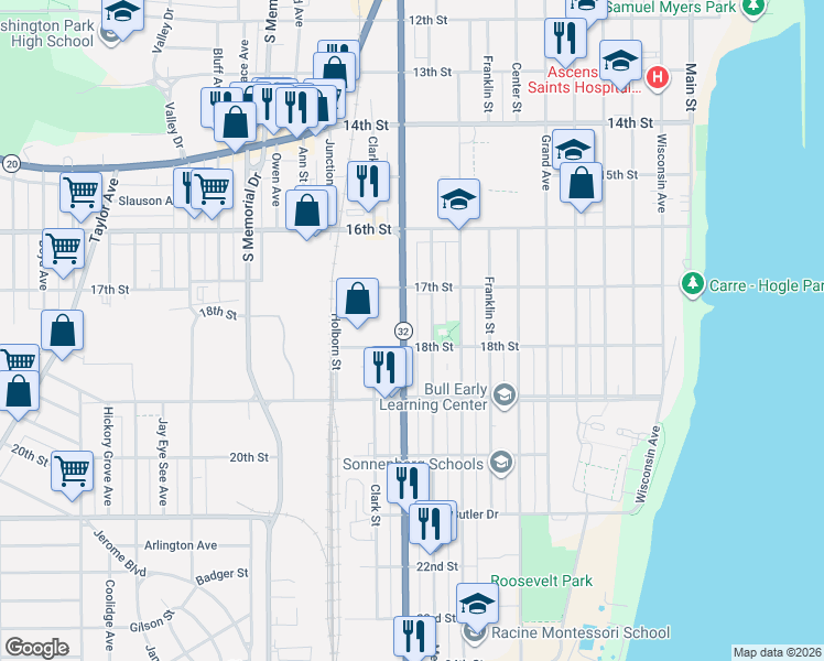map of restaurants, bars, coffee shops, grocery stores, and more near 1735 Racine Street in Racine