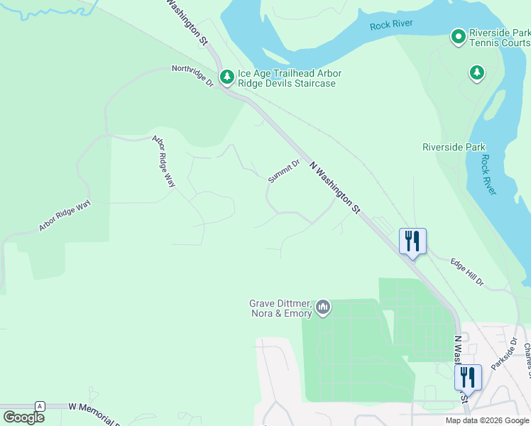 map of restaurants, bars, coffee shops, grocery stores, and more near 2542 Ridgewood Drive in Janesville