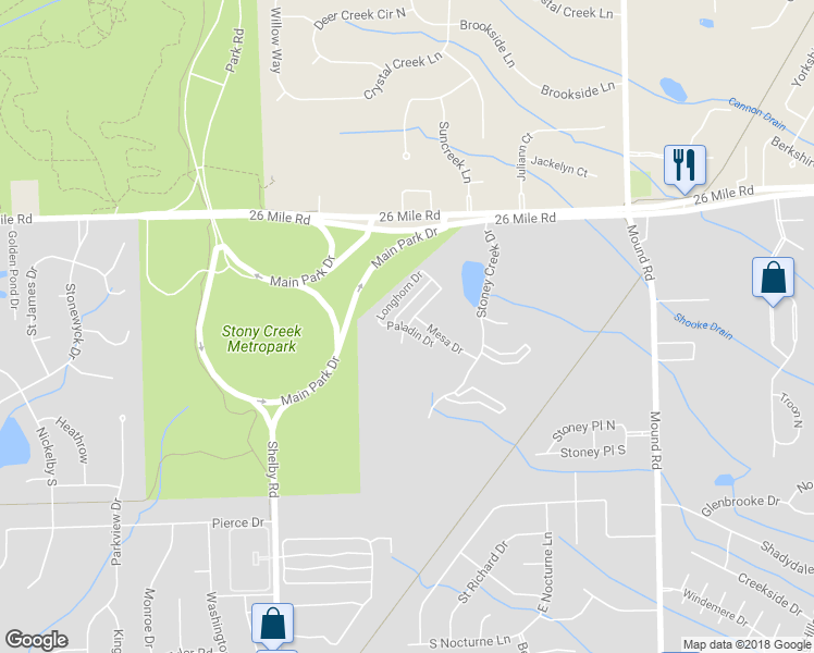 map of restaurants, bars, coffee shops, grocery stores, and more near Paladin Drive in Shelby Charter Township