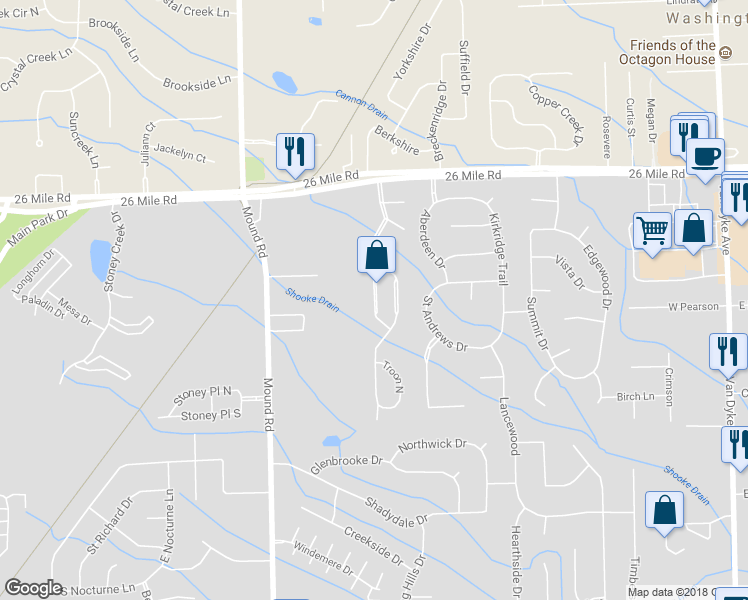 map of restaurants, bars, coffee shops, grocery stores, and more near 56563 Scotland Boulevard in Utica