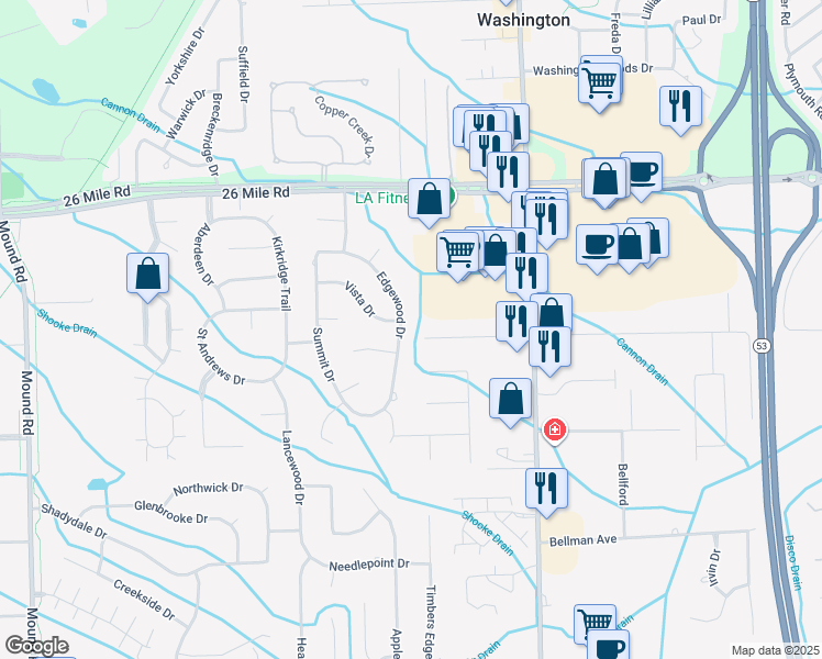 map of restaurants, bars, coffee shops, grocery stores, and more near 56432 Edgewood Drive in Shelby Township
