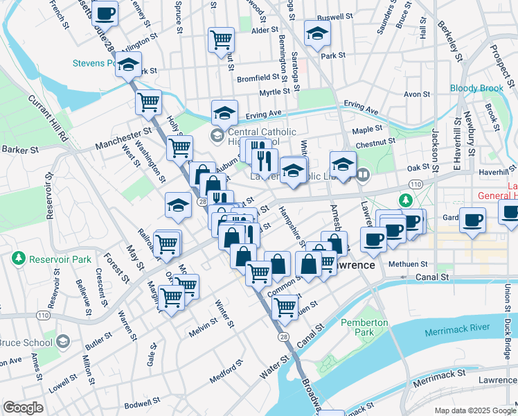 map of restaurants, bars, coffee shops, grocery stores, and more near 345 Haverhill Street in Lawrence